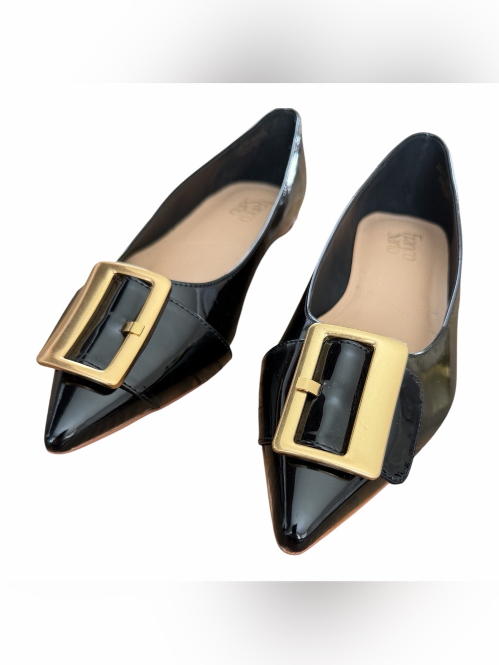Franco Sarto Black Patent Pointed Flats with Gold Buckle Accent